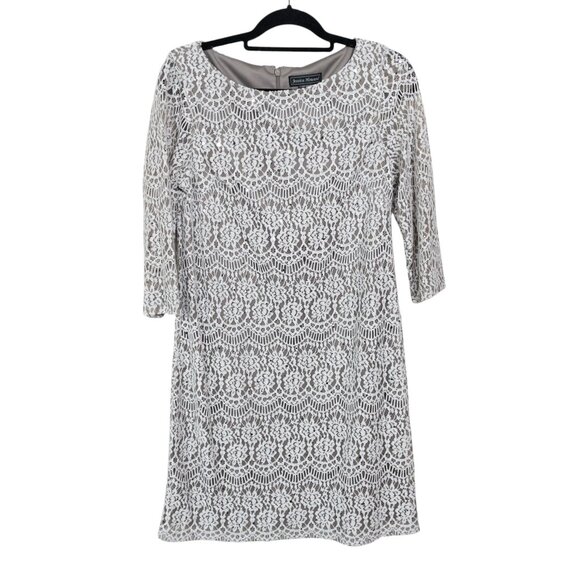 Jessica Howard Cream Tan Lace Sequin Dress Boatneck Quarter Length Sleeve  SZ 10 - Picture 1 of 12